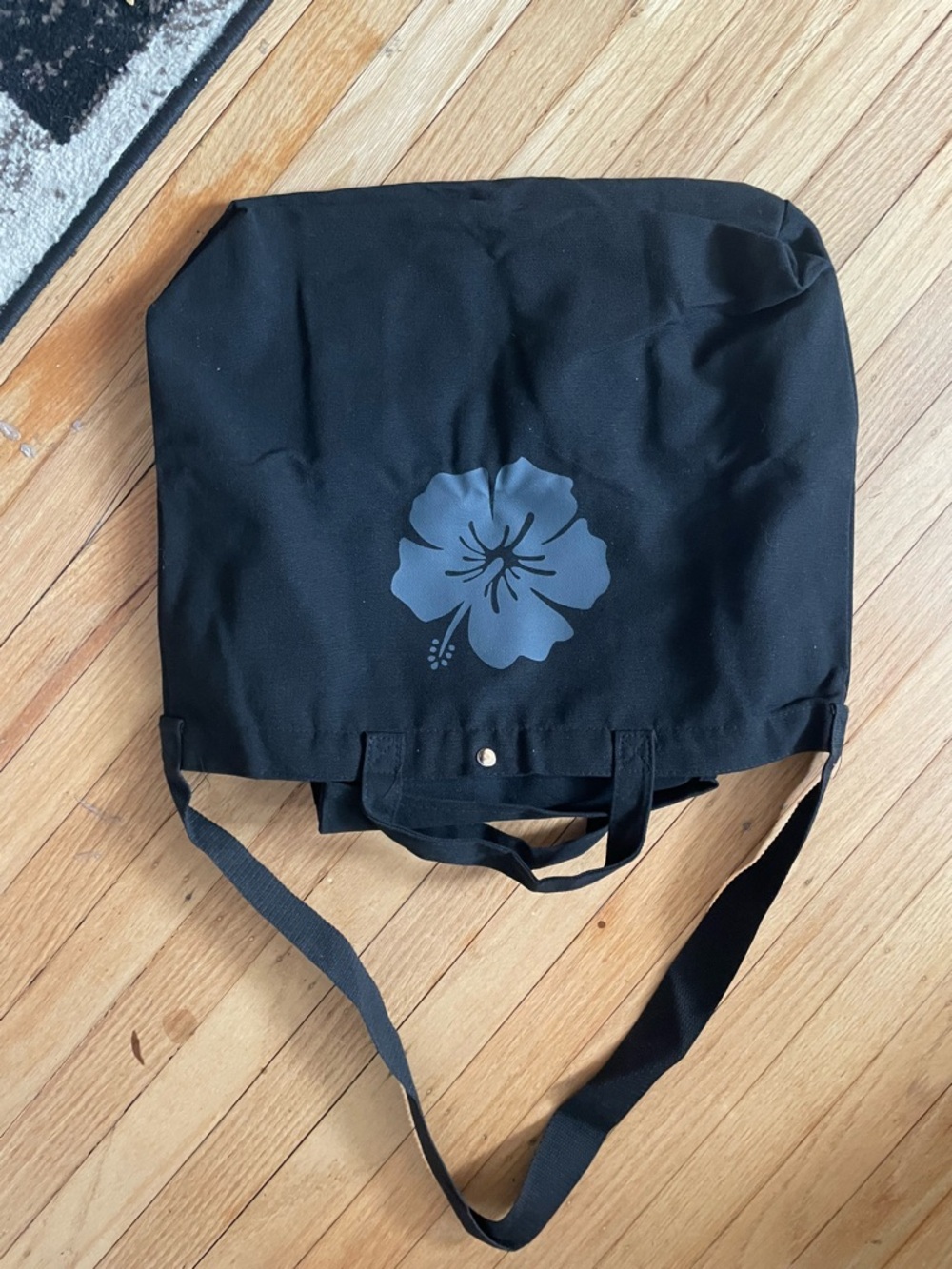 Black Canvas Tote with Gray Hibiscus Graphic
